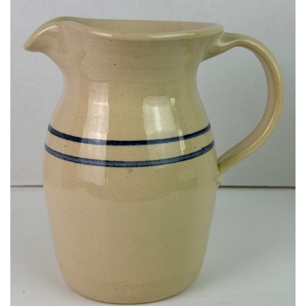 Vintage Marshall Pottery Handcrafted Double Blue Band Pitcher 7-3/4" Farmhouse‎